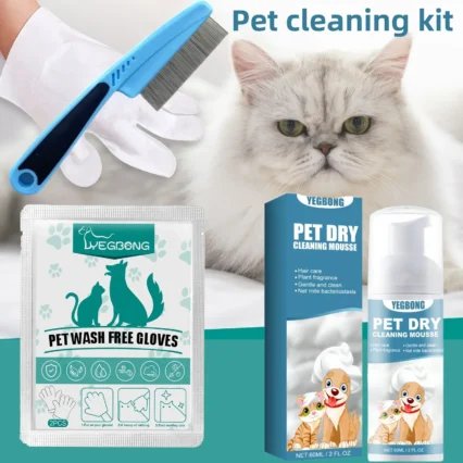 No Rinse Pet Dry Cleaning Mousse Waterless Wash Odor Control Deshedding Comb and Bath Gloves Set for Indoor Cats Dogs Hair Care