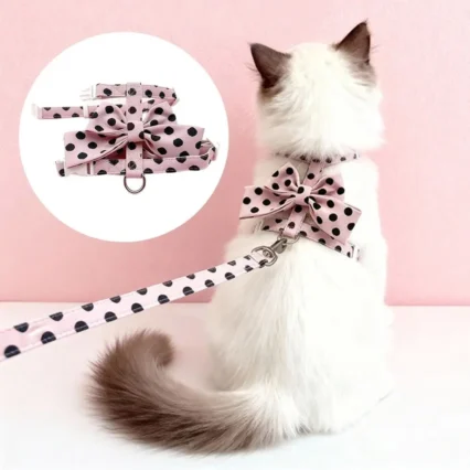 Cute Polka Dot Pet Vest Harness Bowknot Adjustable Pet Traction Rope with Collar Cat Traction Rope Puppy