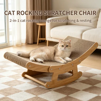 Cat Rocking Scratcher Chair for Indoor Cats, 2-in-1 Natural Corrugated Cardboard Cat Scratching Lounge, Wooden Frame Rocker Bed, Multi-Functional Cat Resting Hammock Furniture, Easy to Assemble