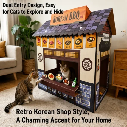Restaurant Style Corrugated Cardboard Cat House with Scratching Pad, Enclosed Indoor Cat Hideaway Bed and Play Shelter, 1 Set
