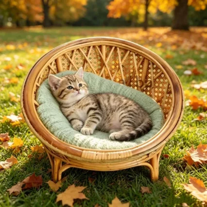 Elevated Round Wicker Cat Nest Natural Hand Woven Rattan Chair Breathable Pet Bed for Indoor Cats Pet Photography Scene Layout