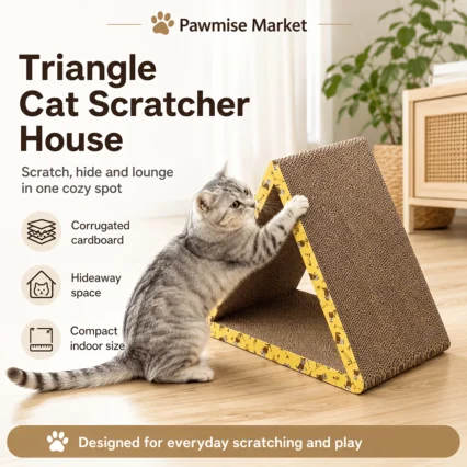 3-Sided Cat Scratcher Lounge - Foldable Triangular Cardboard with Play Tunnel, Durable & Interactive Design for Cats, Pet Play Area | Cozy Cat Spot | Cardboard Construction