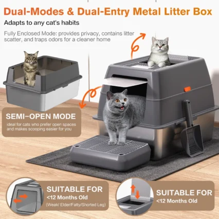 XXXL Stainless Steel Litter Box with Lid，Extra Large 28"L*20"W*18.1"H Metal Cat Litter Boxs,Jumbo Enclosed Removable Litter Box
