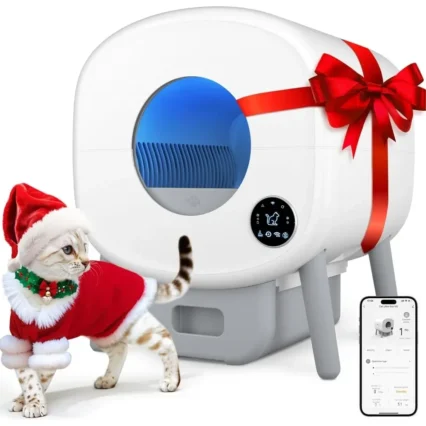 Garden Self Cleaning Litter Box Automatic Large Capacity with App Control Safety Protection Includes 2 Waste Bags White Grey
