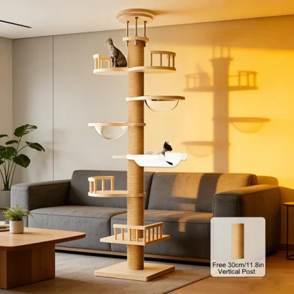 1PC Floor-to-Ceiling Sisal Cat Tree, Multi-Level Design with Hammock, Space Capsule & Observation Perch, Indoor Cat Toy