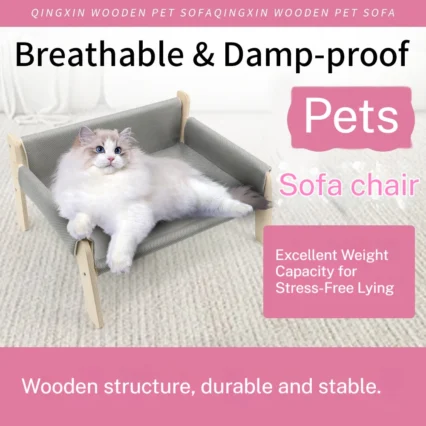Wooden high-leg cat bed with removable cover, pet sofa, wooden leg sofa, plush bed, suitable for cats